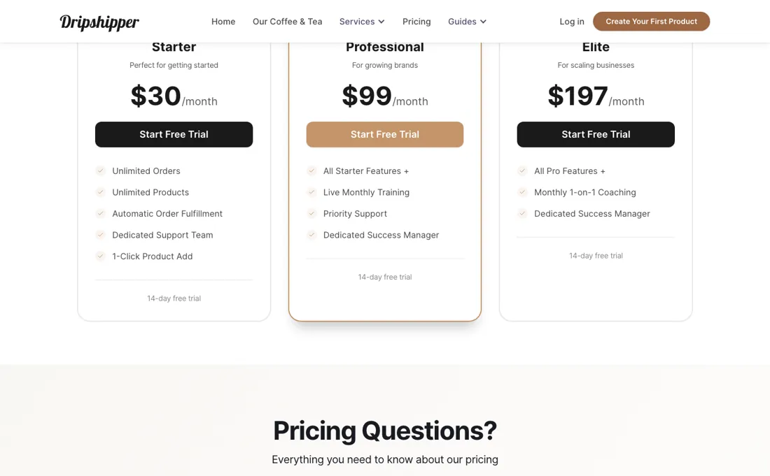 Dripshipper pricing page