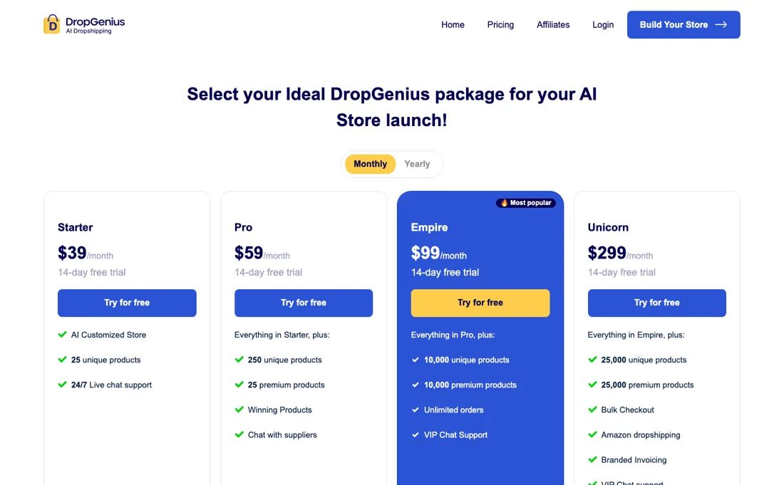 DropGenius pricing page