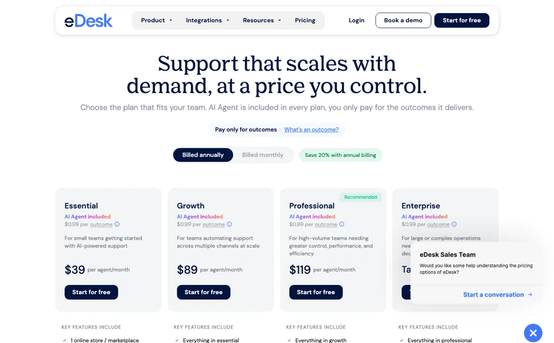 eDesk pricing page