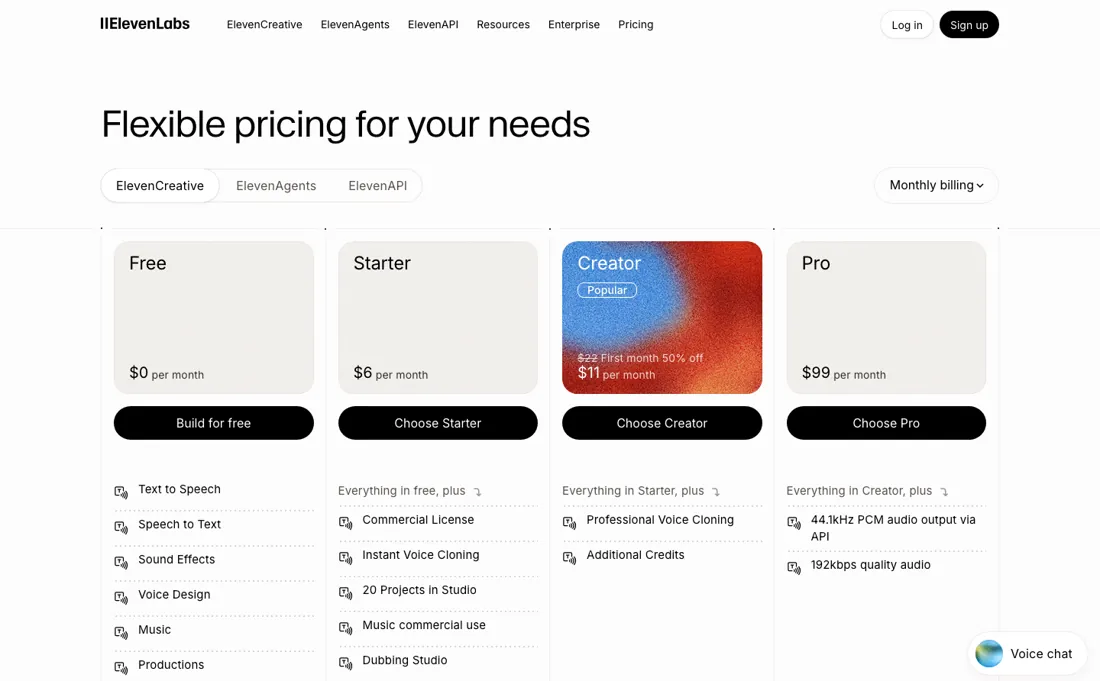 ElevenLabs pricing page