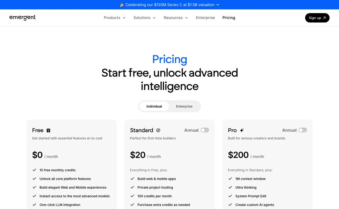 Emergent pricing page