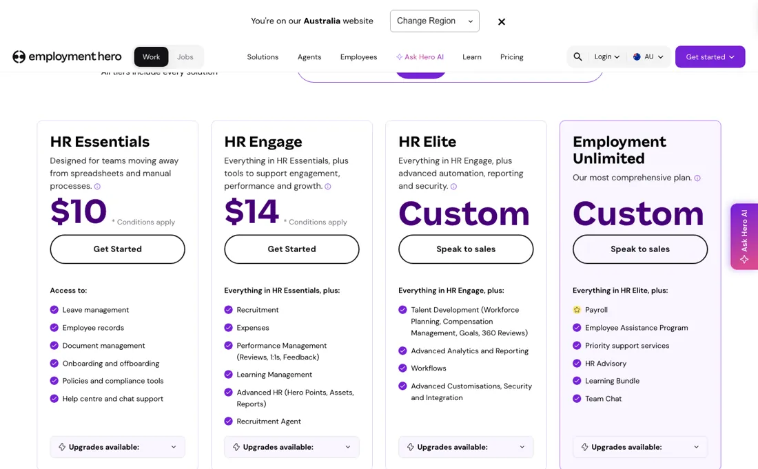 Employment Hero pricing page