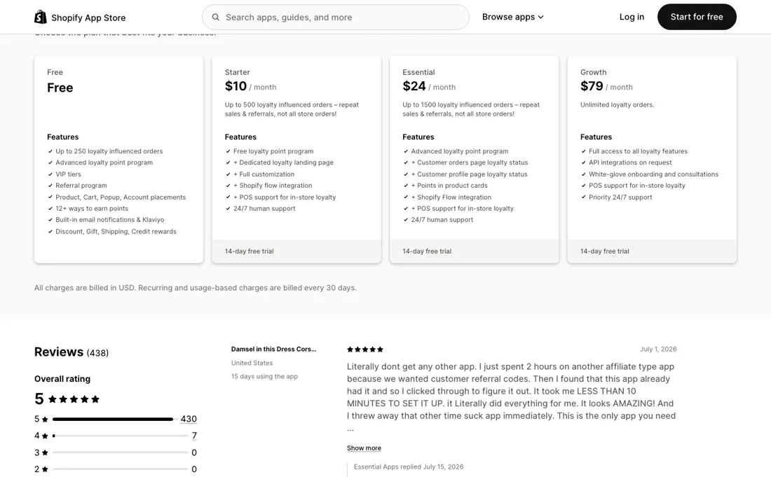 Essential Loyalty pricing page