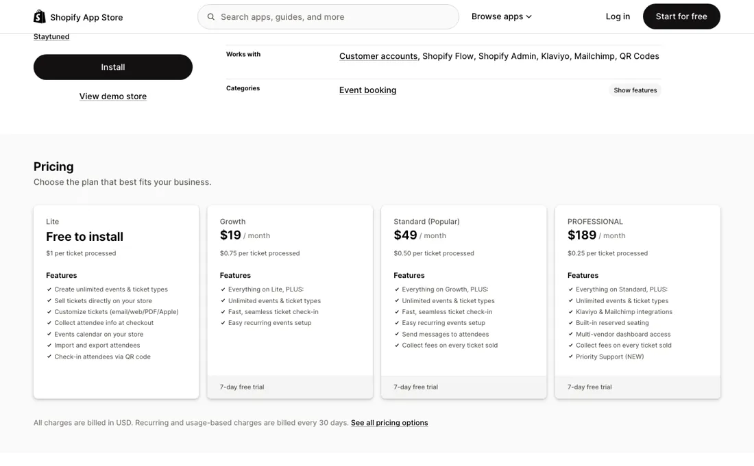 Evey Events pricing page