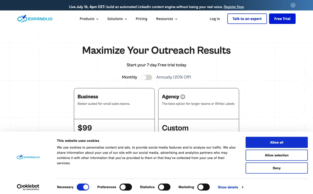 Expandi pricing page