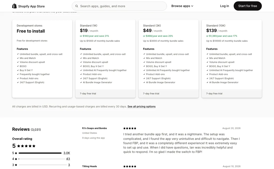 Fast Bundle pricing page
