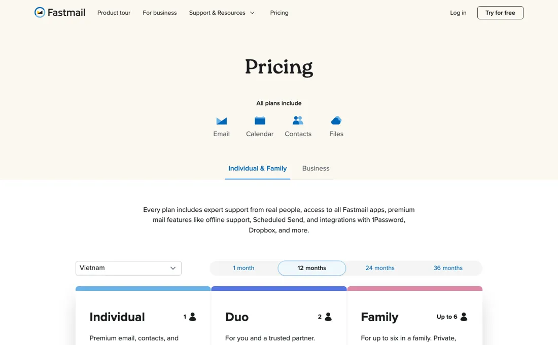 Fastmail pricing page