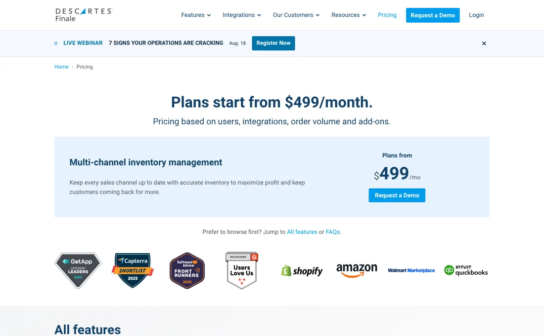Finale Inventory pricing page