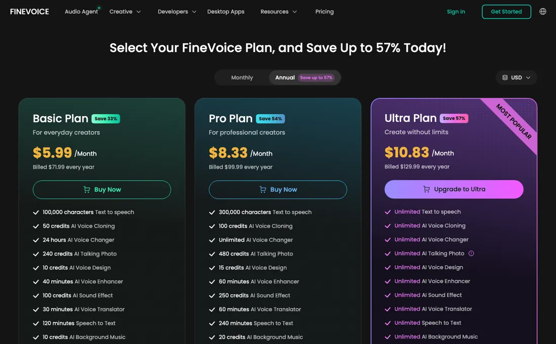 FineVoice pricing page