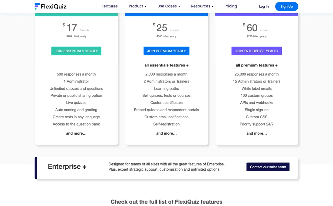 FlexiQuiz pricing page