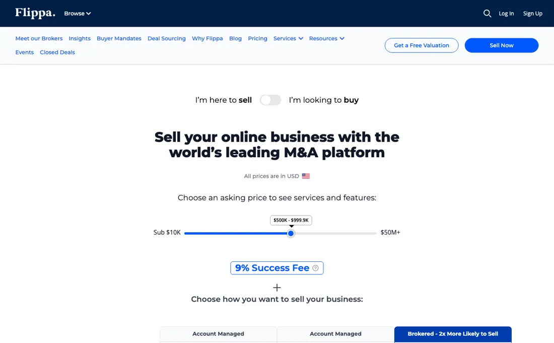 Flippa pricing page