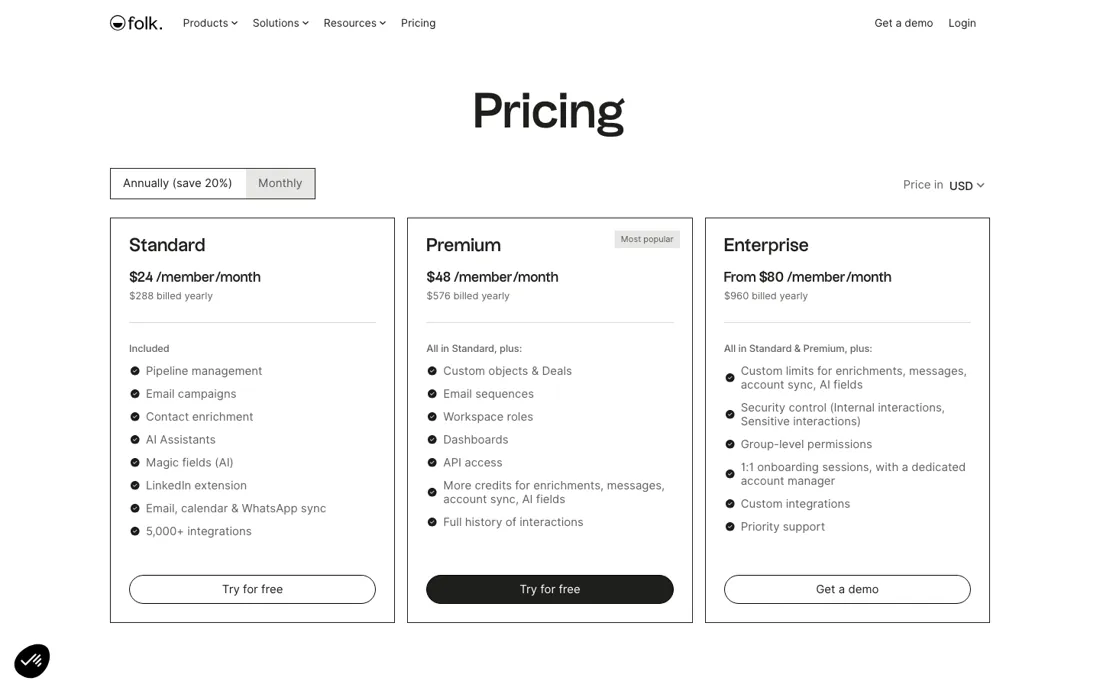 folk pricing page