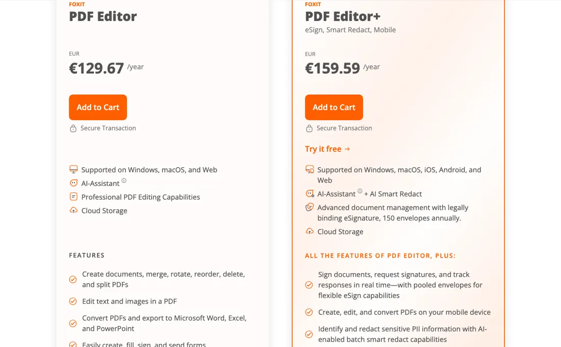 Foxit pricing page