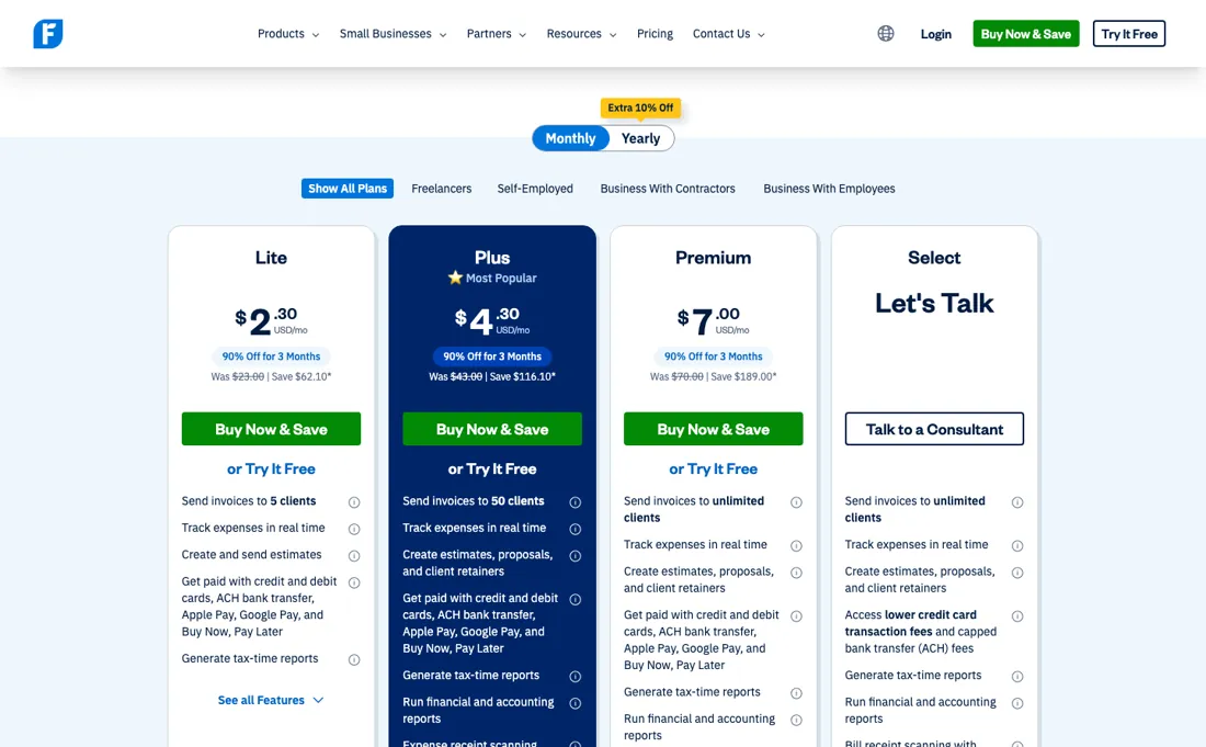 FreshBooks pricing page