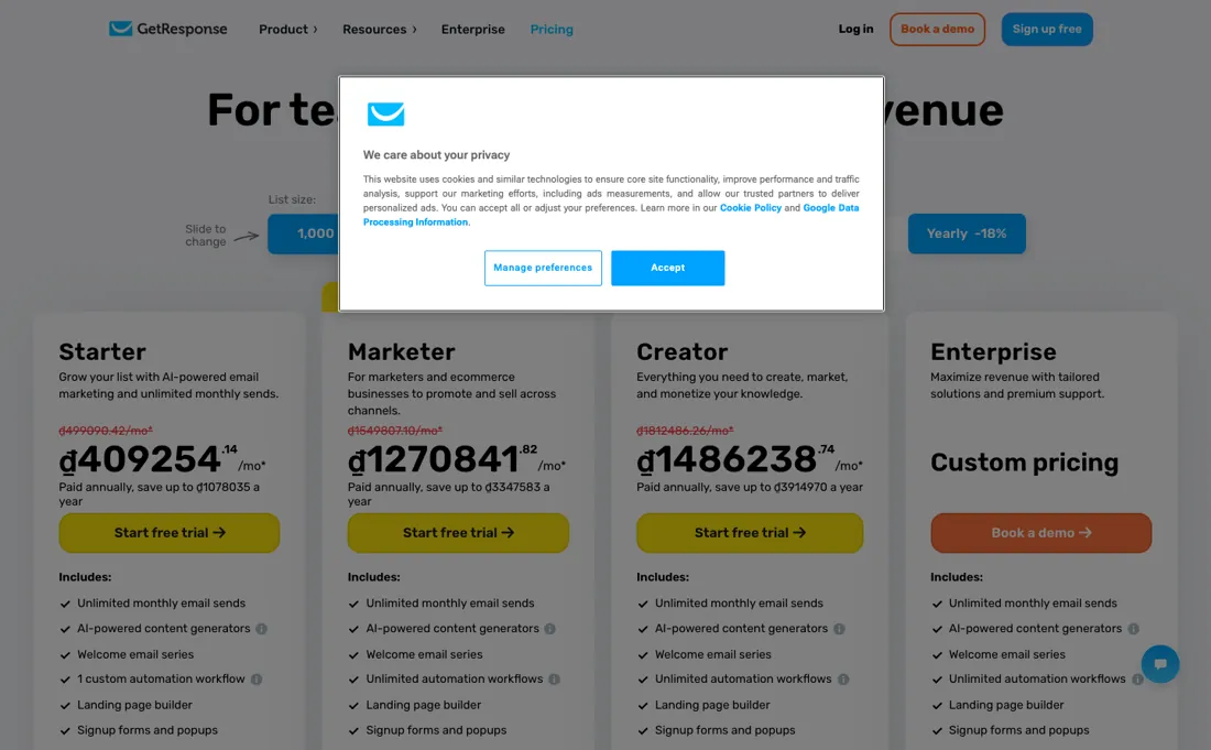 GetResponse pricing page