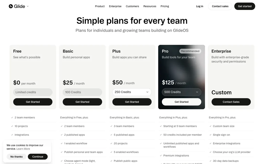 Glide pricing page