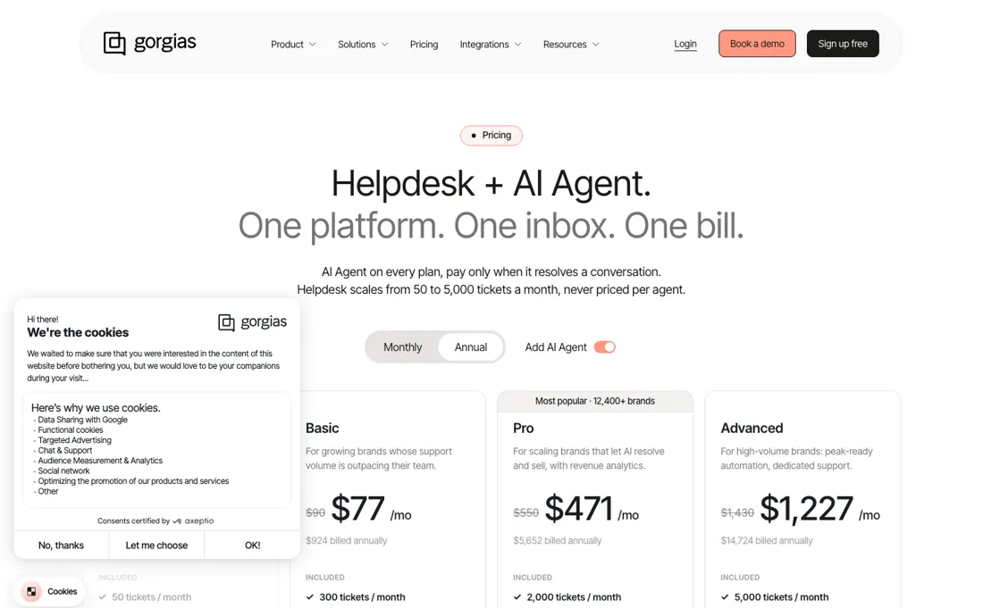Gorgias pricing page