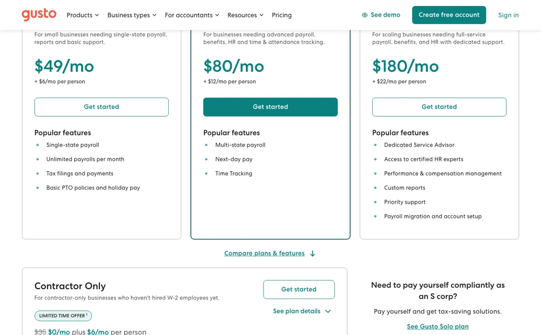 Gusto pricing page