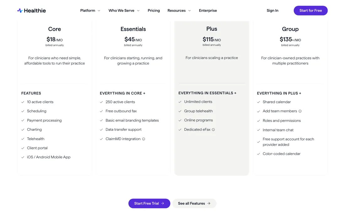 Healthie pricing page