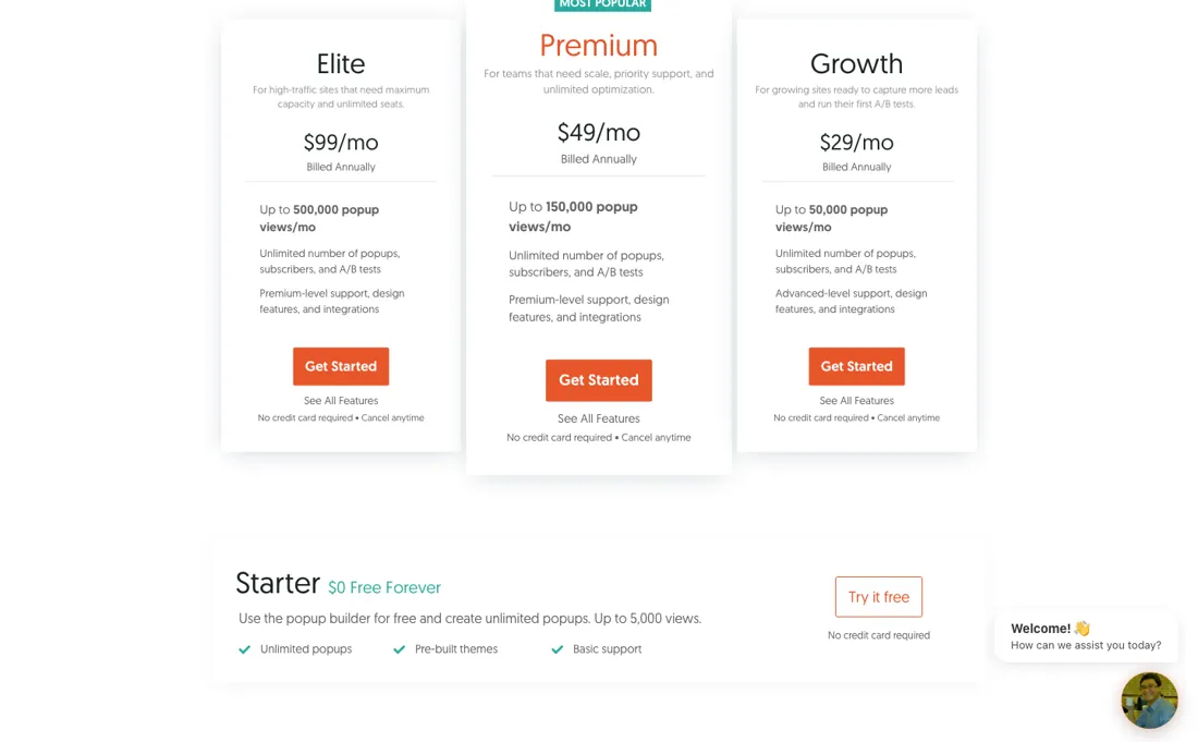 Hello Bar pricing page