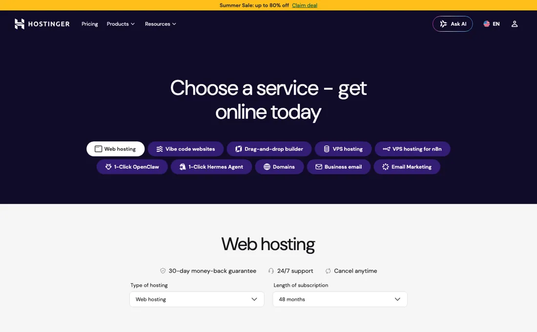 Hostinger pricing page