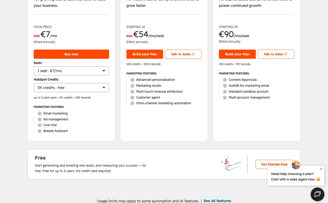 HubSpot pricing page