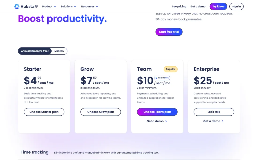 Hubstaff pricing page