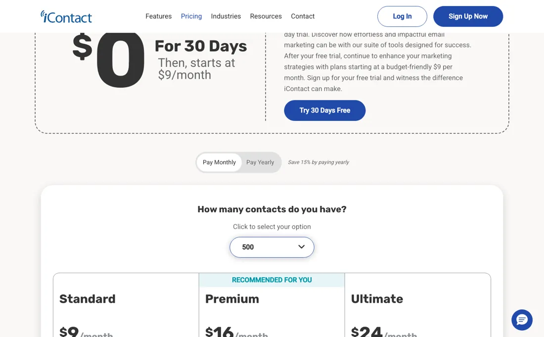 iContact pricing page