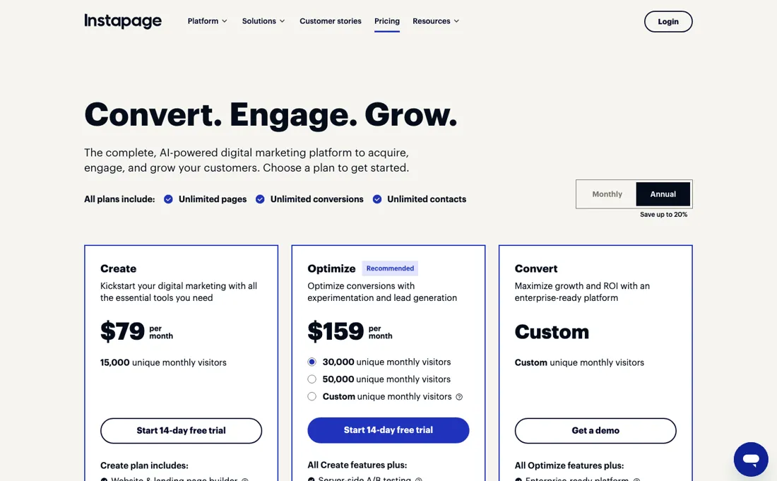 Instapage pricing page