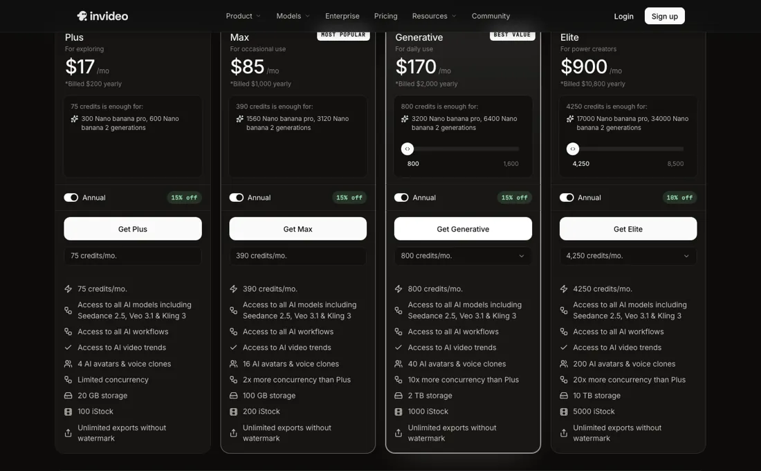 InVideo pricing page