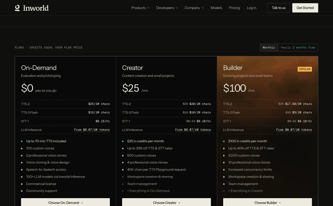 Inworld AI pricing page
