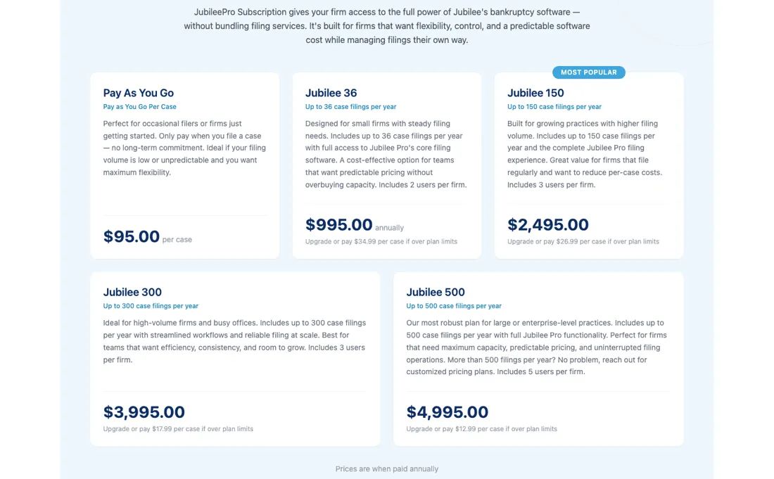 Jubilee pricing page