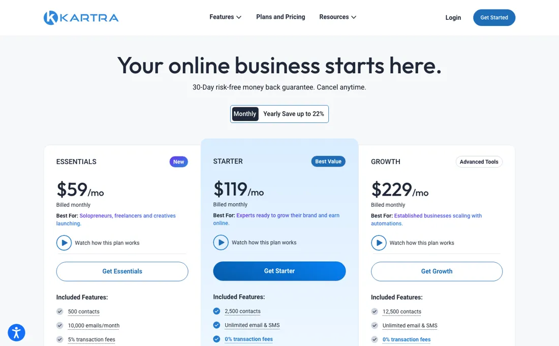 Kartra pricing page