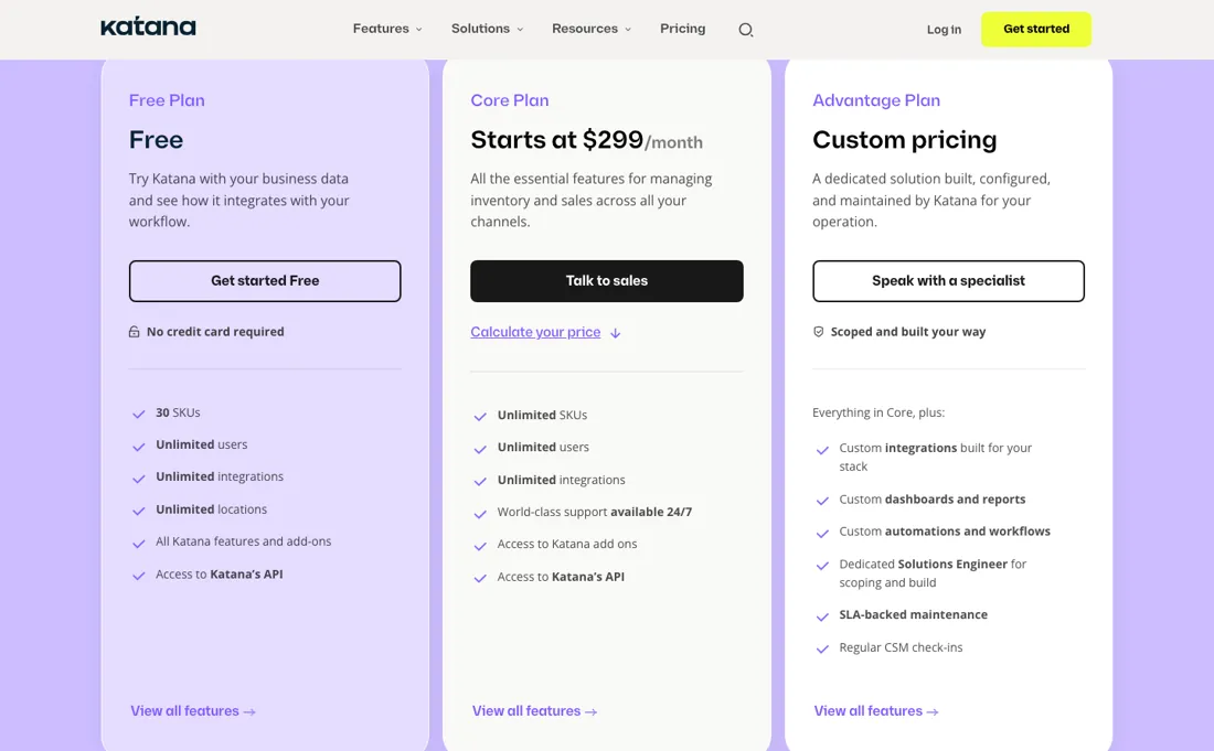 Katana MRP pricing page