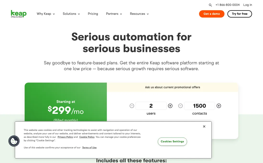 Keap pricing page
