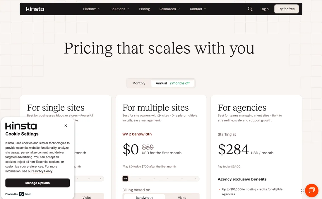 Kinsta pricing page