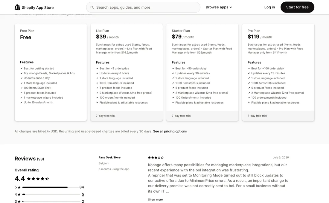 Koongo pricing page