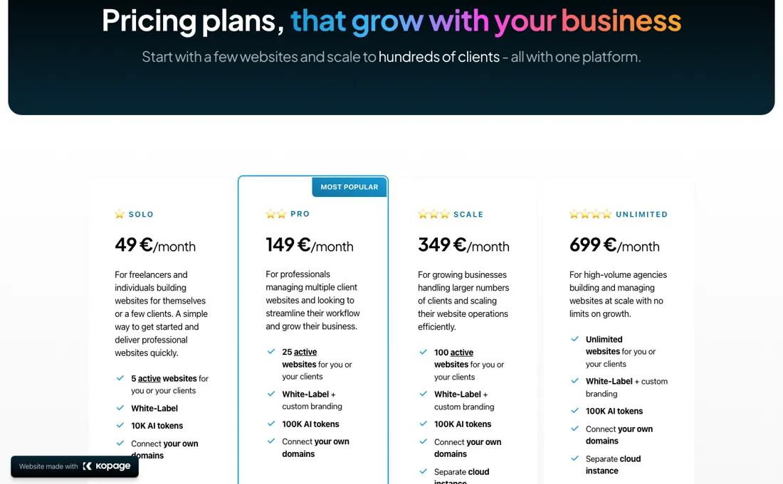 Kopage pricing page