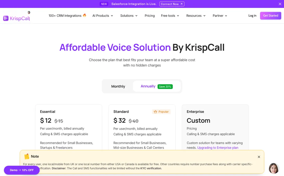 KrispCall pricing page