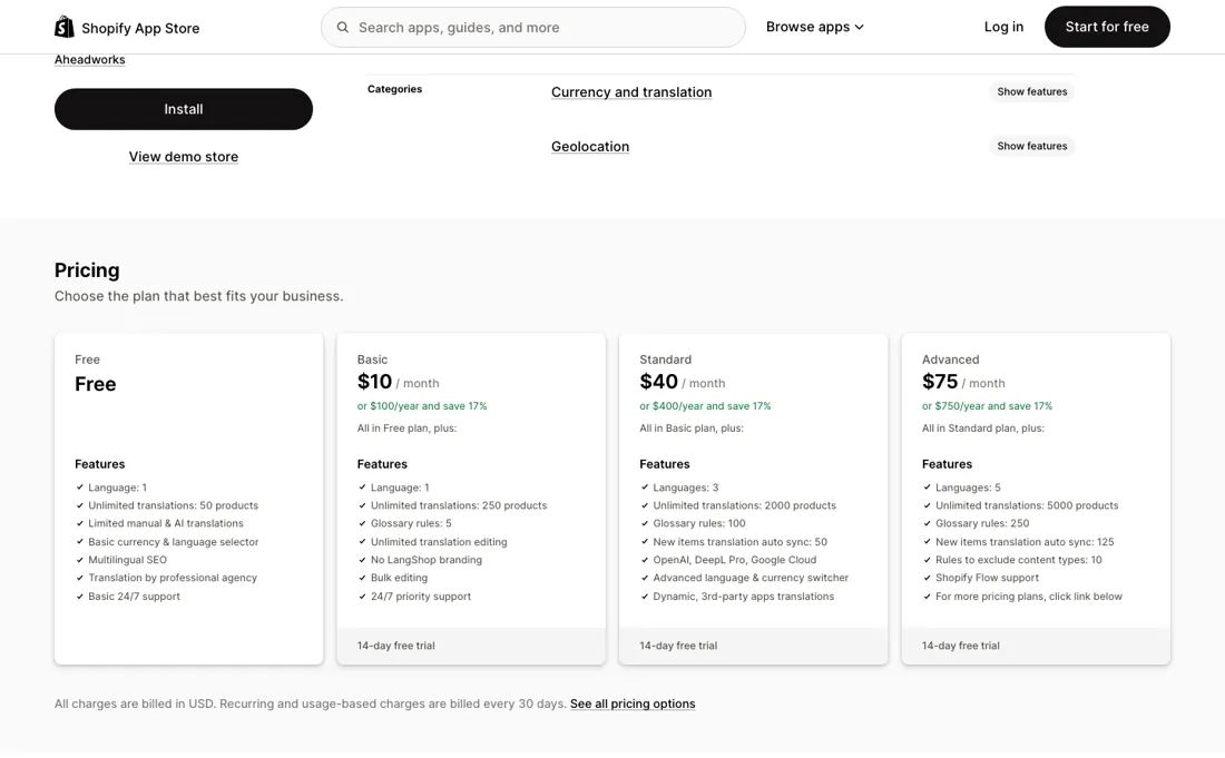 LangShop pricing page