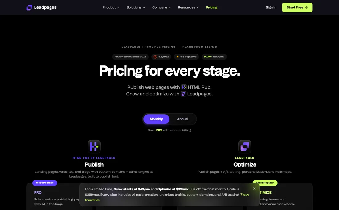 Leadpages pricing page
