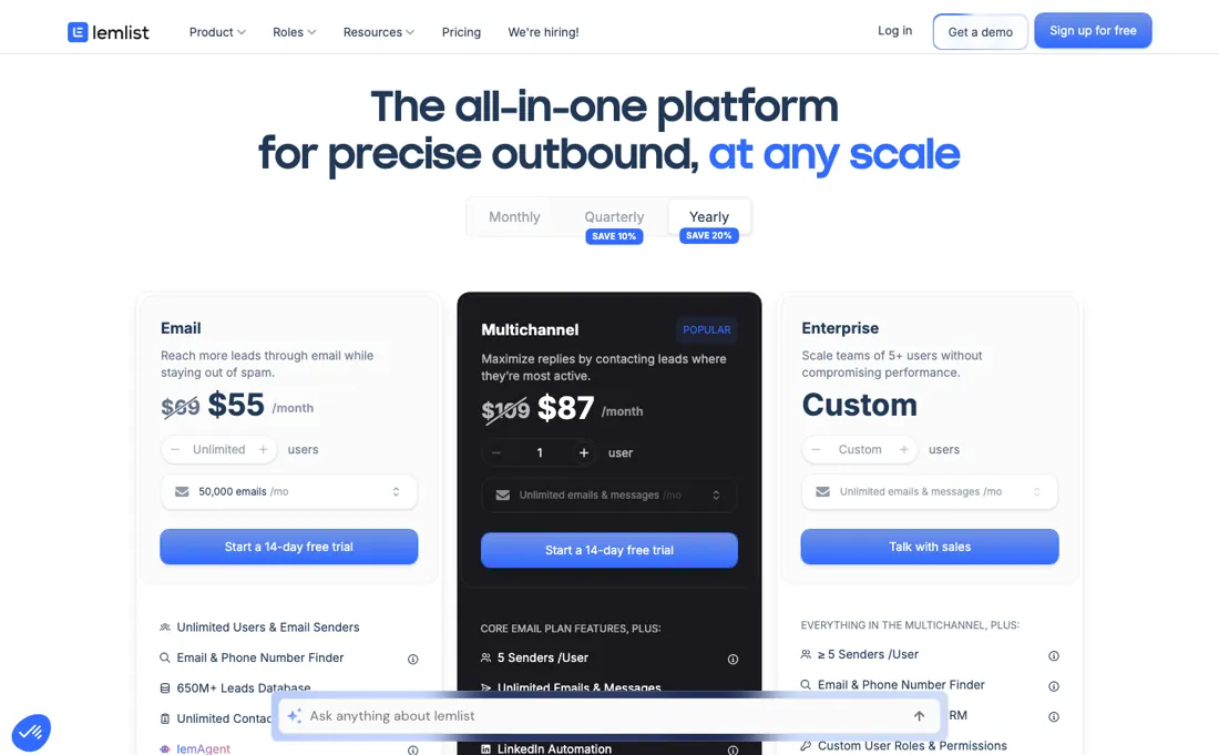 lemlist pricing page
