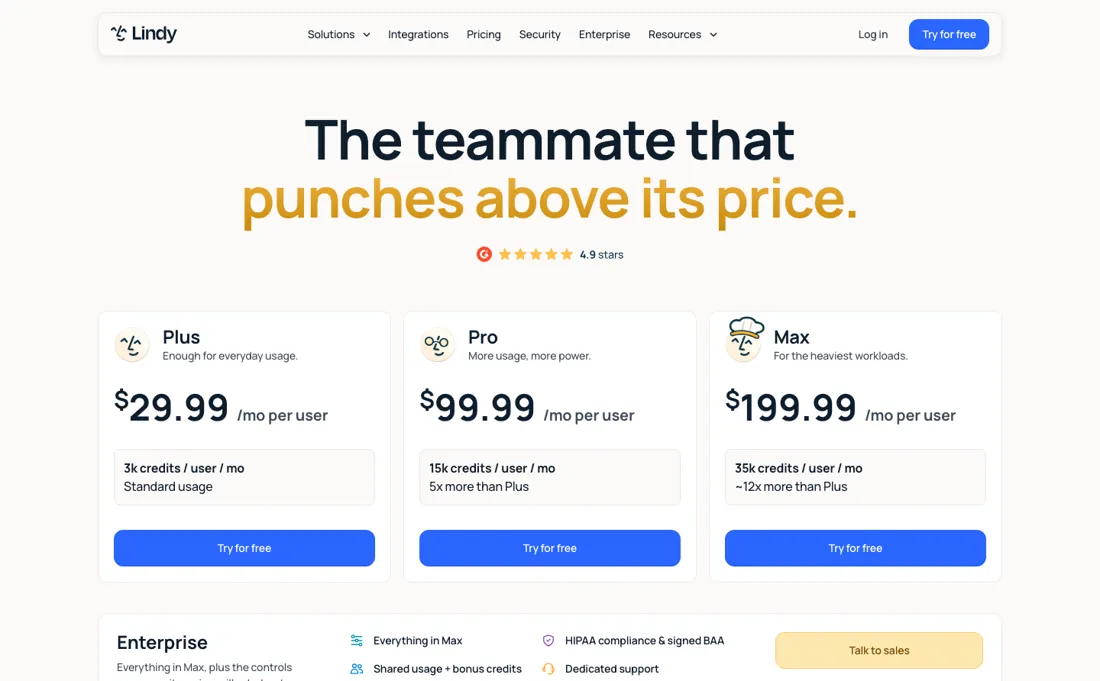 Lindy.ai pricing page