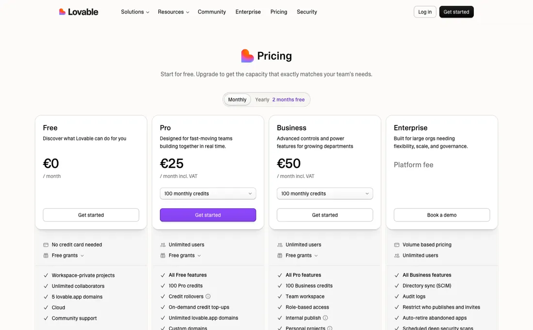 Lovable pricing page