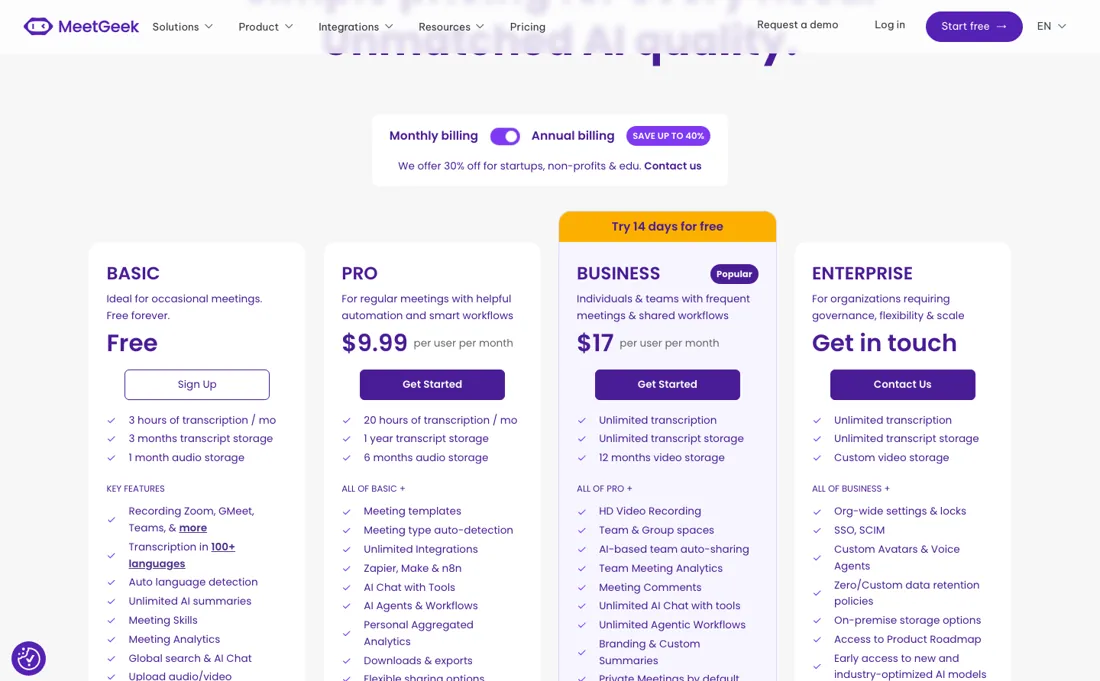 MeetGeek pricing page