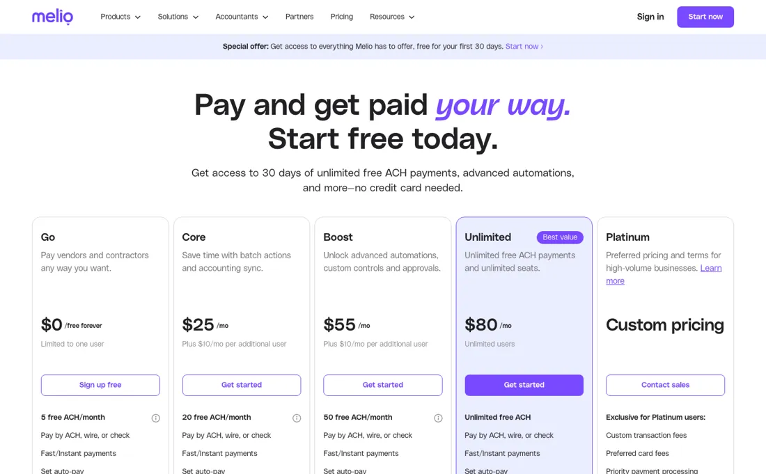 Melio pricing page