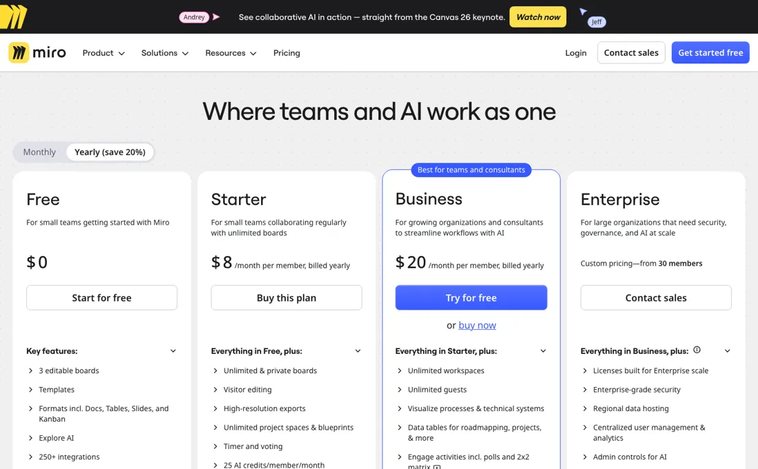 Miro pricing page
