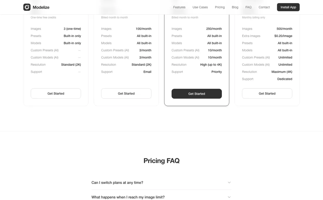 Modelize pricing page