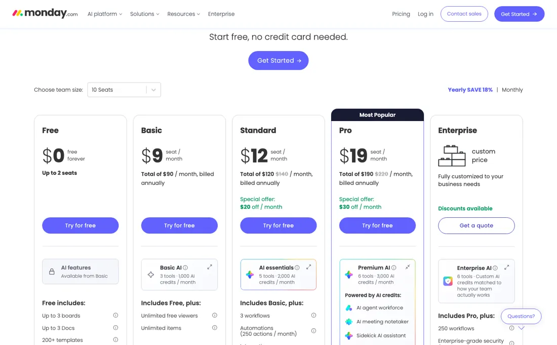 monday.com pricing page