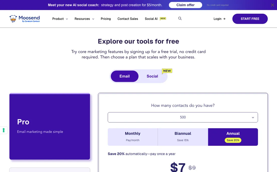 Moosend pricing page